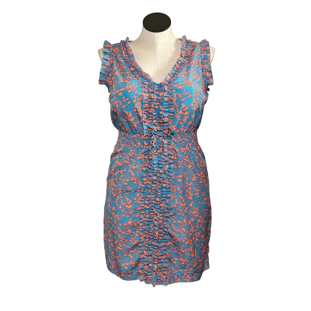 Angie Womens Blue Orange Abstract Ruffle Smocked Waist Mini Dress Large‎ L